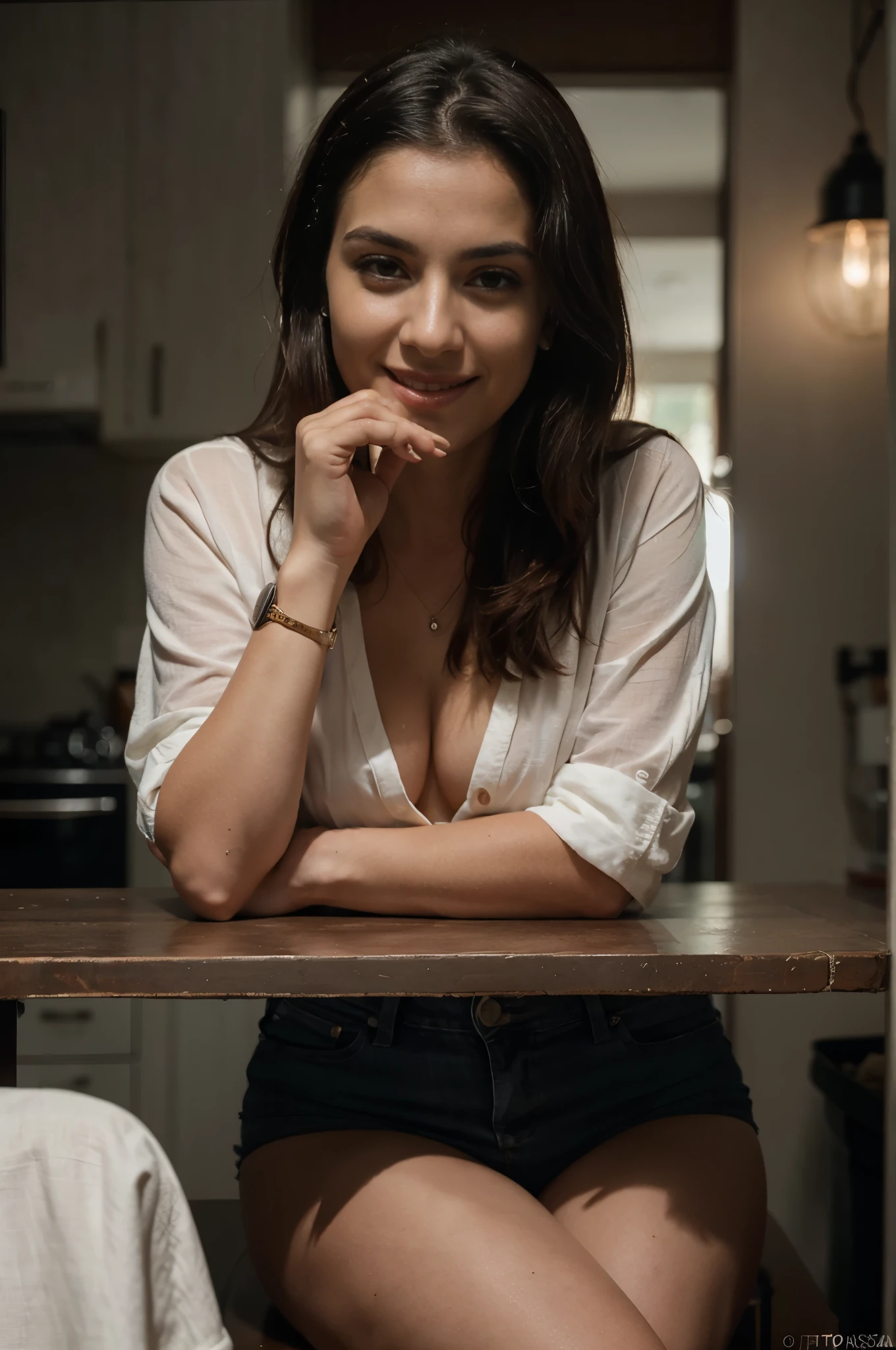 There a beautiful smiling woman sitting at a table with a watch on her wrist, Pose casual, sentado em uma mesa, Lorena Avarez, sente-se casualmente, Karla Ortiz, ela tem cerca de 30 anos de idade, taken in the early 2020s, sentado em uma mesa cor de mocha, fernanda suarez, casual, 30 anos, cool looking, fotografiarrealista, fotografia, obra-prima, realista, Realismo, renderizado, Alto contraste, Arte Digital, fotográficorealista, trend in Artstation 8k HD, high definiton, circunstanciado, Realistic, detalhada, textura da pele, hiperdetalhada, Textura realista da pele, melhor qualidade, ultra high-resolution, (fotografiarrealista: 1.4), high resolution, detalhada, fotografia crua, sharp resolution, Nikon D850 filmes, fotografia de stock 4, Kodak Portra 400 Camera F1 Lens.6, textura hiper realista, lighting dramatic, Unrealistic trend in Artstation Cinestill 800, ..RAW. Directed by: Lee Jeffries, beautiful feace, perfect face, natural lighting,