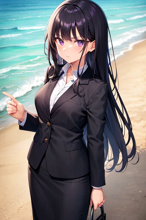 1girl, black hair, purple eyes, long hair, beach background, suit, office lady, black skirt, black blazer, pencil skirt, skirt suit, medium skirt, white shirt, collared shirt, long hair, teenager, looking at viewer, full body, high school girl, jk, 15 year old girl,