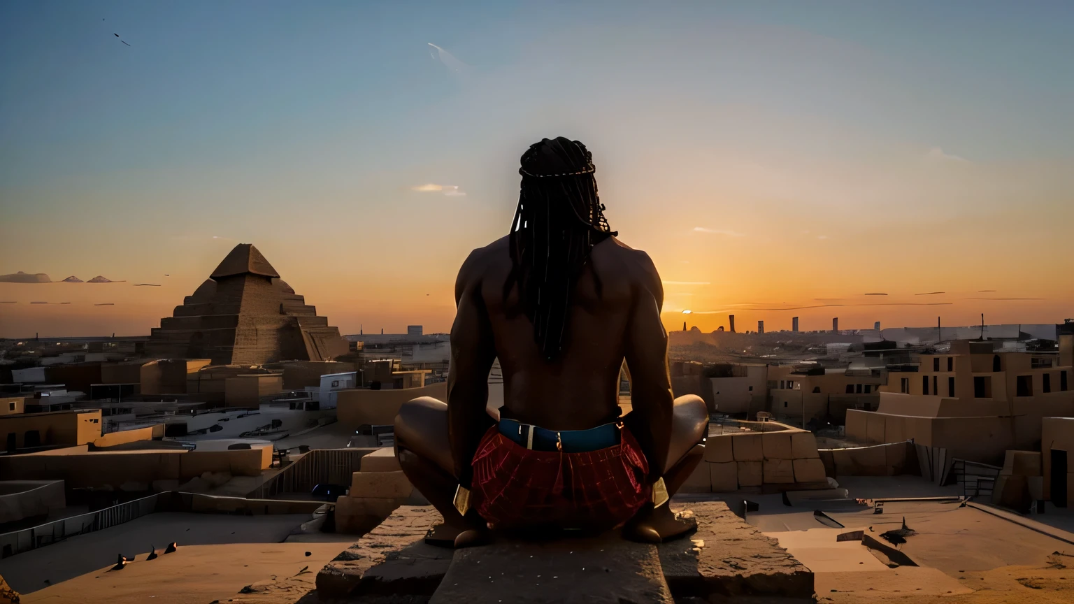 can you make me an image of a stoic king sitting on top of the pyramids enjoying the sunset