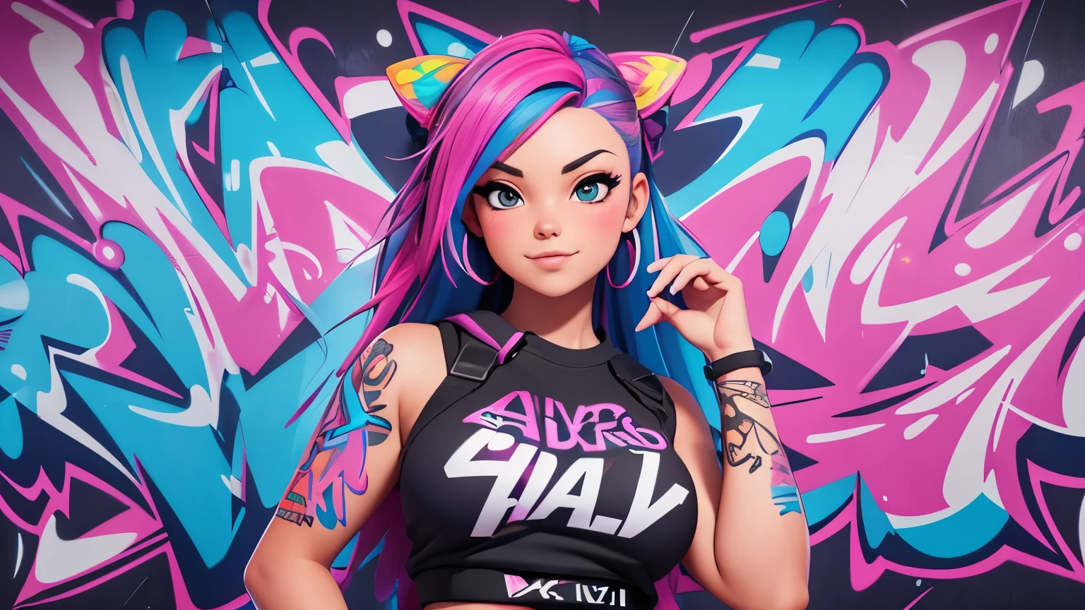 ((best quality)), ( high detail), (1girl), (hyper color), beautiful graffiti artist, (vivid color), tagging a wall, "AIBABE",HDR, 4k, 3D