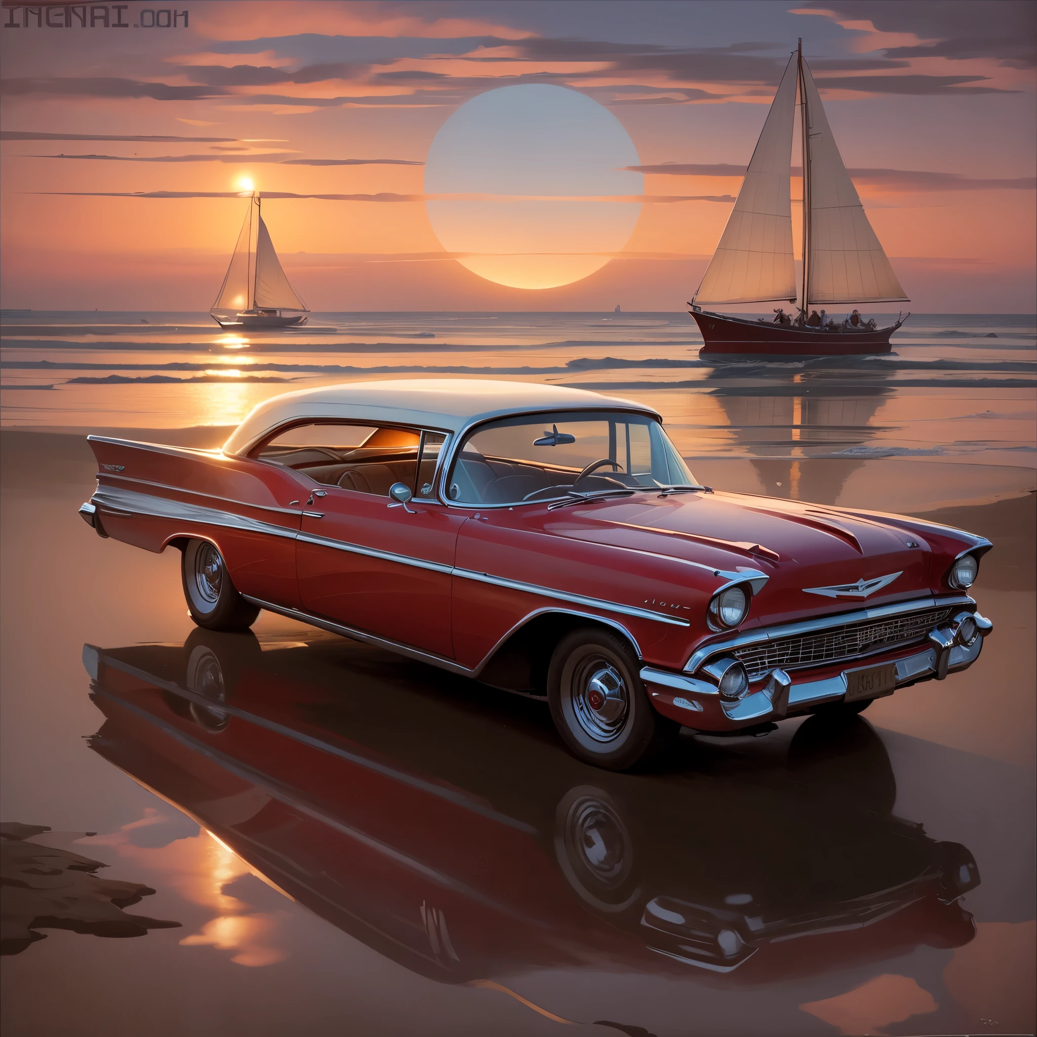 Red car with white 57 Chevy details and beach and boats and yachts at sunset near Syd Mead