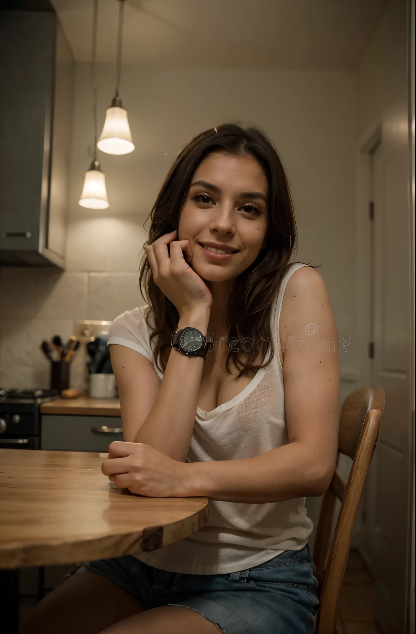 There a beautiful smiling woman sitting at a table with a watch on her wrist, Pose casual, sentado em uma mesa, Lorena Avarez, sente-se casualmente, Karla Ortiz, ela tem cerca de 30 anos de idade, taken in the early 2020s, sentado em uma mesa cor de mocha, fernanda suarez, casual, 30 anos, cool looking, fotografiarrealista, fotografia, obra-prima, realista, Realismo, renderizado, Alto contraste, Arte Digital, fotográficorealista, trend in Artstation 8k HD, high definiton, circunstanciado, Realistic, detalhada, textura da pele, hiperdetalhada, Textura realista da pele, melhor qualidade, ultra high-resolution, (fotografiarrealista: 1.4), high resolution, detalhada, fotografia crua, sharp resolution, Nikon D850 filmes, fotografia de stock 4, Kodak Portra 400 Camera F1 Lens.6, textura hiper realista, lighting dramatic, Unrealistic trend in Artstation Cinestill 800, ..RAW. Directed by: Lee Jeffries, beautiful feace, perfect face, HANDS ARE HIDDEN; NOT VISIBLE HANDS,