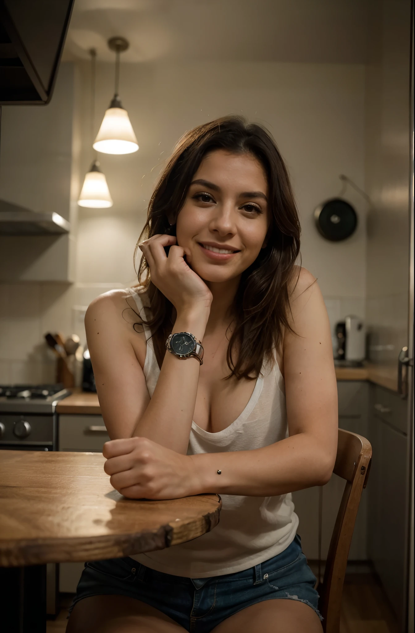 There a beautiful smiling woman sitting at a table with a watch on her wrist, Pose casual, sentado em uma mesa, Lorena Avarez, sente-se casualmente, Karla Ortiz, ela tem cerca de 30 anos de idade, taken in the early 2020s, sentado em uma mesa cor de mocha, fernanda suarez, casual, 30 anos, cool looking, fotografiarrealista, fotografia, obra-prima, realista, Realismo, renderizado, Alto contraste, Arte Digital, fotográficorealista, trend in Artstation 8k HD, high definiton, circunstanciado, Realistic, detalhada, textura da pele, hiperdetalhada, Textura realista da pele, melhor qualidade, ultra high-resolution, (fotografiarrealista: 1.4), high resolution, detalhada, fotografia crua, sharp resolution, Nikon D850 filmes, fotografia de stock 4, Kodak Portra 400 Camera F1 Lens.6, textura hiper realista, lighting dramatic, Unrealistic trend in Artstation Cinestill 800, ..RAW. Directed by: Lee Jeffries, beautiful feace, perfect face, HANDS ARE HIDDEN; NOT VISIBLE HANDS, 