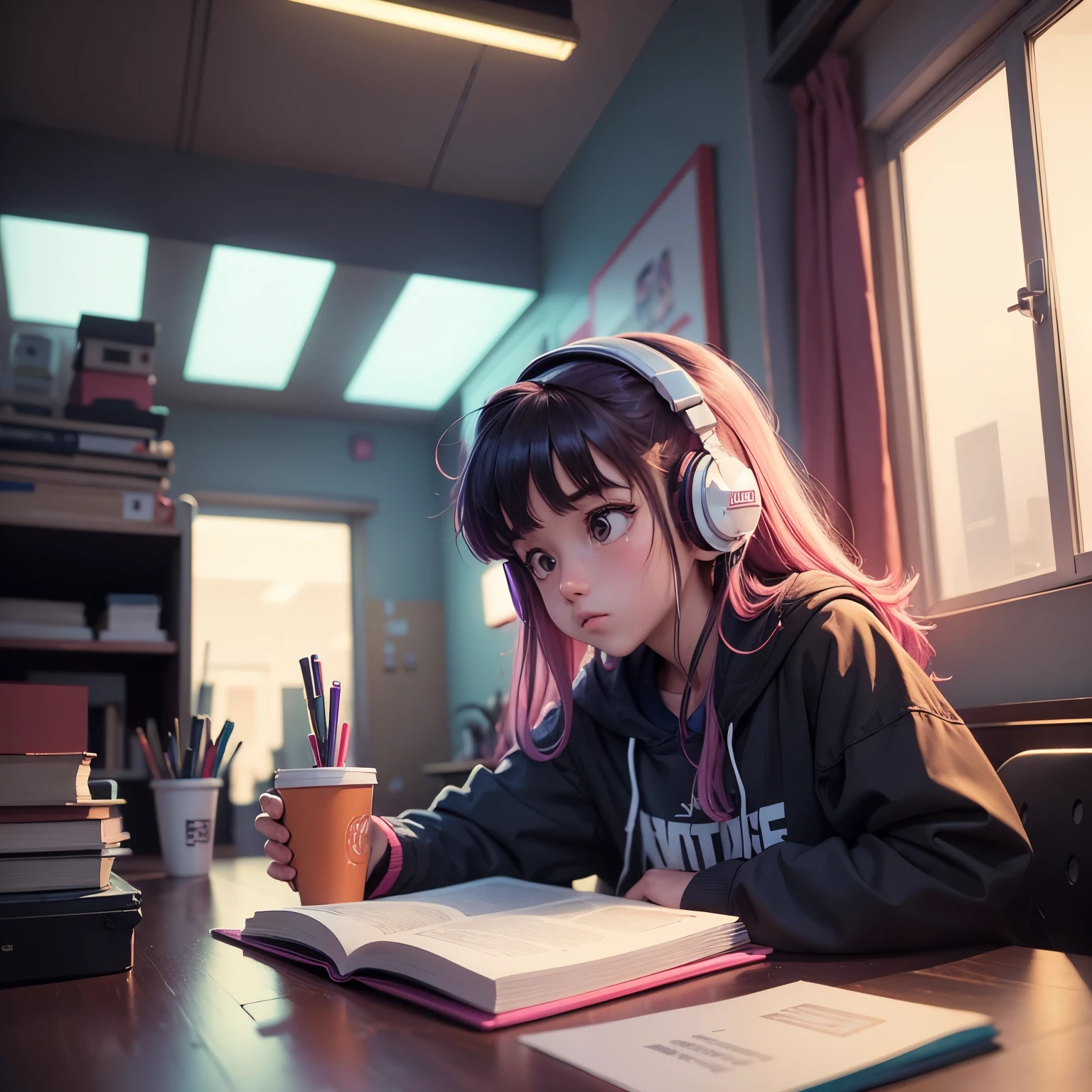 (zero), Girl studying in her room, reading a book, Wear headphones, , night lights, Neon landscape on a rainy day,Analog Color Theme, Lo-Fi Hip Hop , Retrospective, flat, 2.5D ,Draw a line, ink painting, Large gradient, watercolor painting, Goosch color, Studio Ghibli style, Awesome colorful, Outer Ton, synthwave, Lofiato,90s style,Old textures, amplitude,90s atmosphere, table top, Incredible technology, 16:9 scale