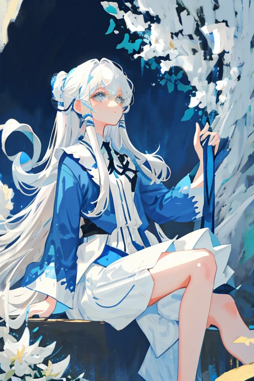 Long blue and white hair with soft hair on both sides