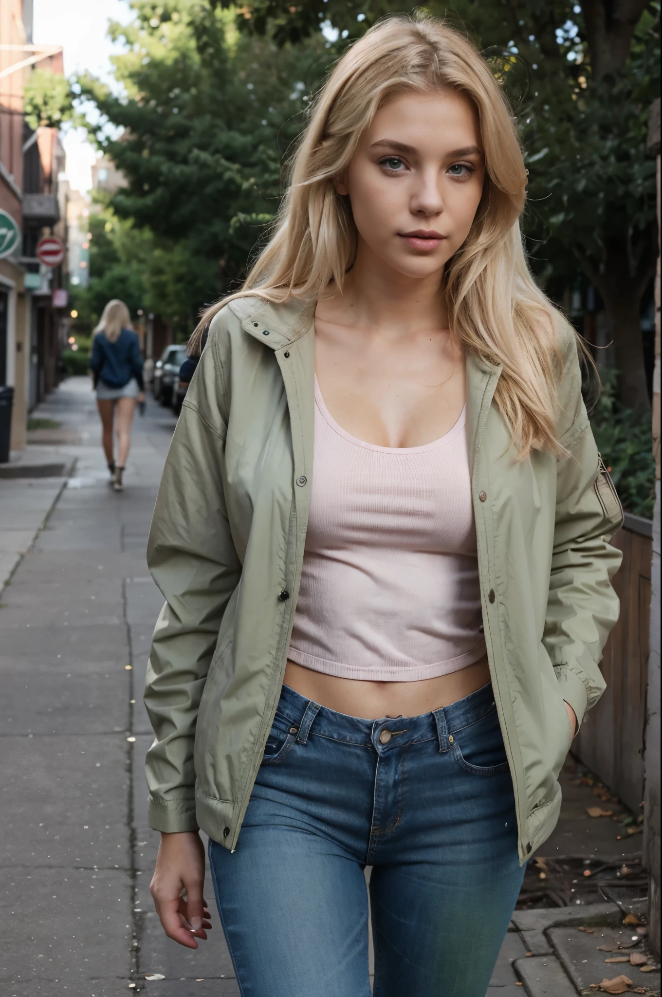 23 year old female reporter with dirty MEDIUM blonde hair, wearing Jeans and a causual jacket, pink lips, walking outside, dirty medium blonde hair, green eyes, realistic photography