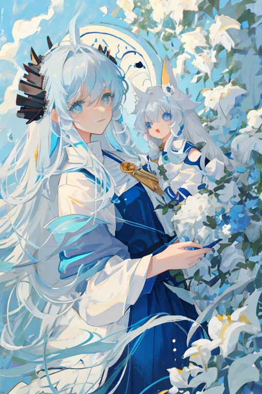Long blue and white hair with soft hair on both sides