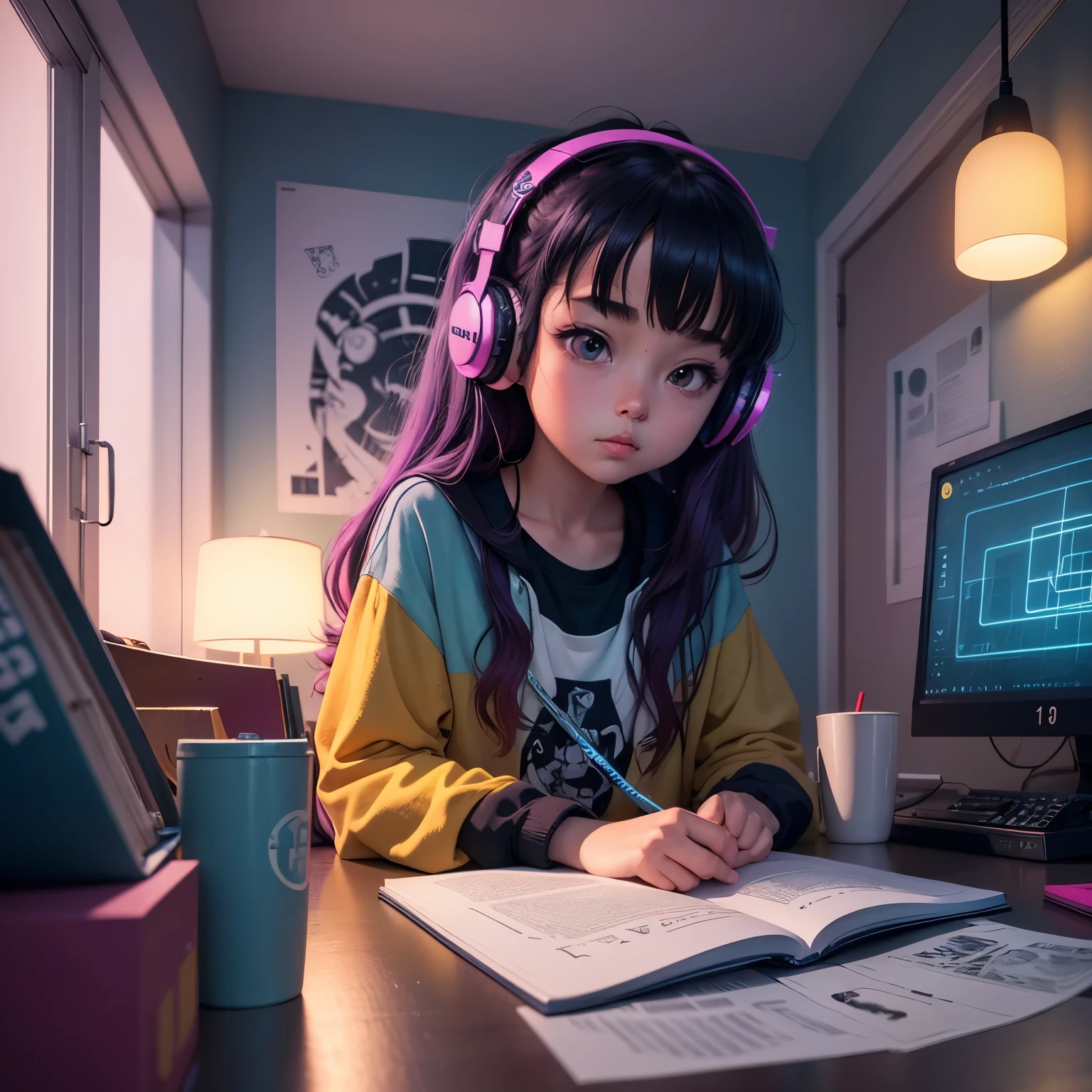 (zero), Girl studying in her room, reading a book, Wear headphones, , night lights, Neon landscape on a rainy day,Analog Color Theme, Lo-Fi Hip Hop , Retrospective, flat, 2.5D ,Draw a line, ink painting, Large gradient, watercolor painting, Goosch color, Studio Ghibli style, Awesome colorful, Outer Ton, synthwave, Lofiato,90s style,Old textures, amplitude,90s atmosphere, table top, Incredible technology, 16:9 scale