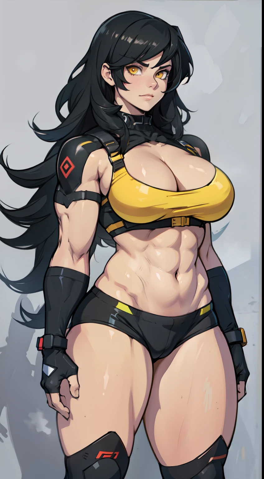 girl solo standing muscular girl toned body large breasts thick yellow eyes black hair pale skin perfect anatomy perfect anatomy perfect anatomy best quality best quality
