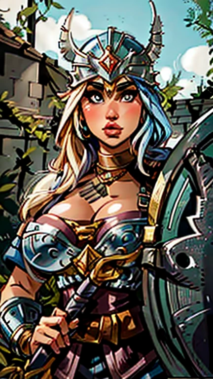 there is a woman in a helmet holding a shield and a shield, viking feminino, portrait of a barbarian woman, portrait of a barbarian woman, Portrait of an elven warrior, retrato de uma mulher guerreira, retrato da deusa celta diana, retrato de fantasia fosco detalhado, linda mulher guerreira, uma linda mulher guerreira, retrato de paladino feminino, mulher meio elfa, arte de retrato de fantasia
