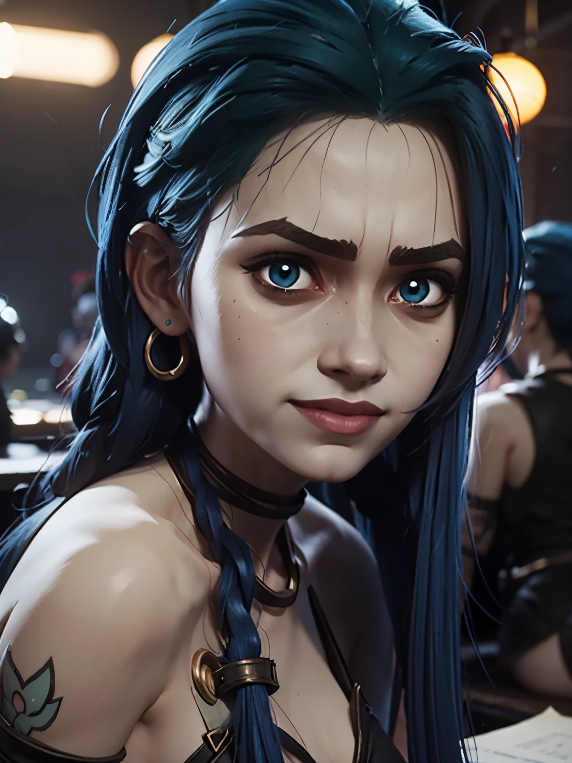 Nsfw, Jinx, league of legends, (master part, best quality;1.3), extremamente detalhado ,ultra detalhado, 1girl,sozinho, seios pequenos, sorriso maligno, ornamento de cabelo, Brincos, Olhando para o Viewer, mini saia, micro bra, olhos roxos, 4k resolution, ultra-realistic, altamente detalhado, corpo inteiro, noite, dynamic lights, lua cheia, 