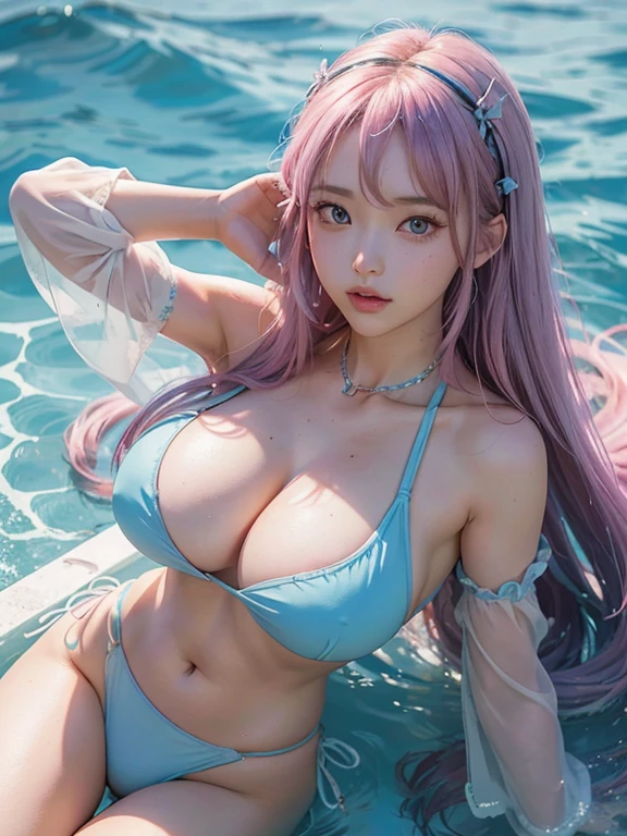 anime (Masou Gakuen HxH), lady , sexy (very big tits), actress (Aine Chidorigafuchi) , light blue long hair to hip / past hip length , pink eyes,
Bikini , kyonyuu, detached sleeves, cheek curls, She is playing in the sea
