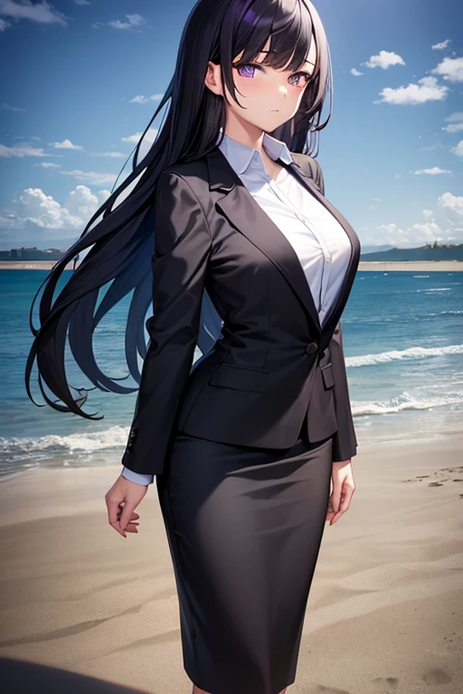 1girl, black hair, purple eyes, long hair, beach background, suit, office lady, black skirt, black blazer, pencil skirt, skirt suit, medium skirt, white shirt, collared shirt, long hair, teenager, looking at viewer, full body, high school girl, jk, 15 year old girl,