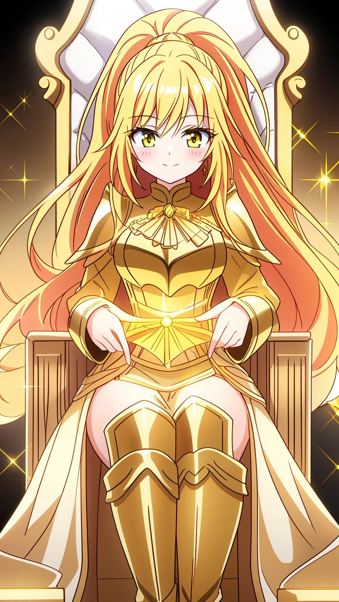 vibrant colors, female, masterpiece, sharp focus, best quality, depth of field, cinematic lighting, yellow hair, long hair, very long hair, long hair, yellow eyes, blush, ponytail, boots, glittering gold, golden throne, throne room, treasure, smile, gold armour, gold accessories, from below, gold theme, all gold, shiny gold coins, 