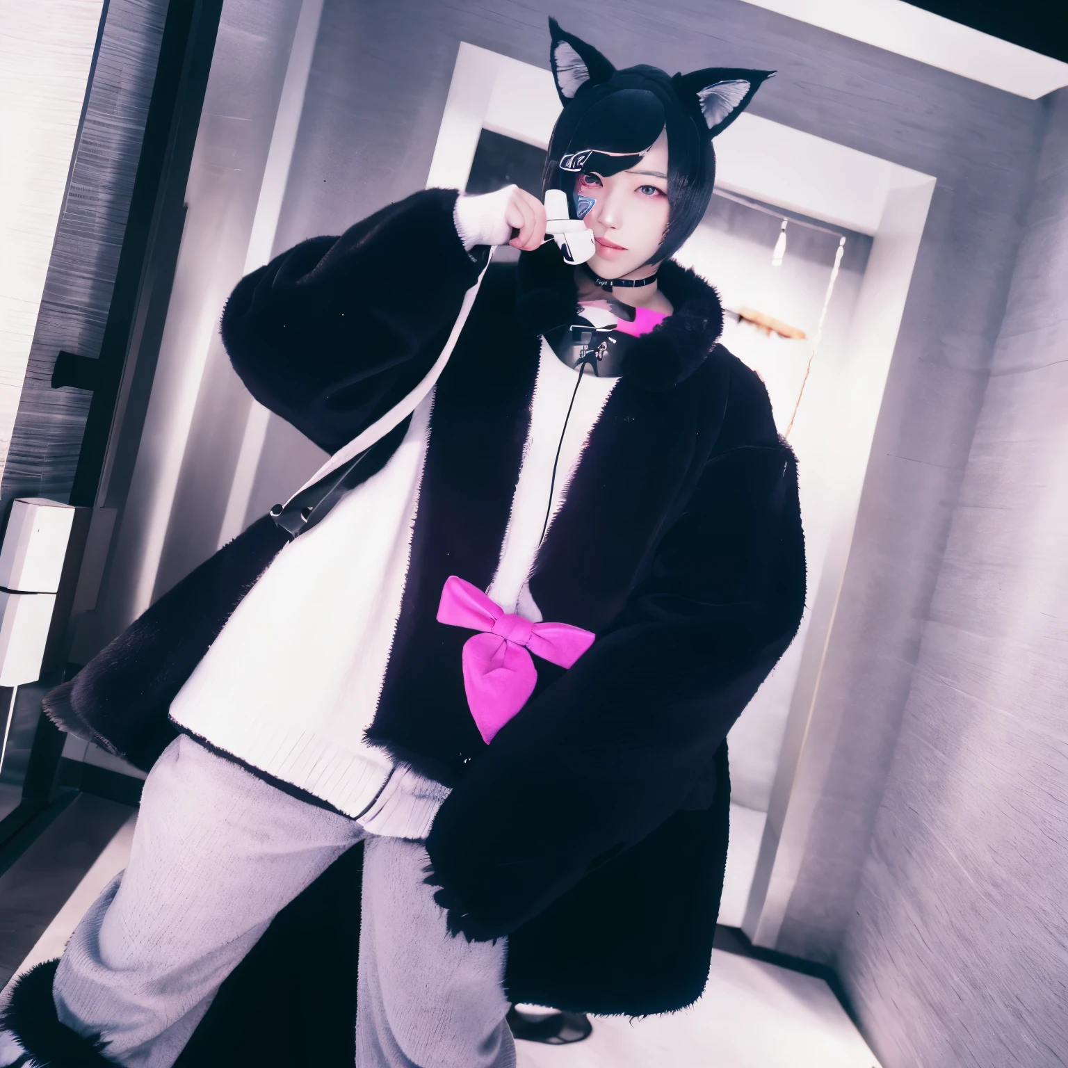white fox, pink eyes, pubic tattoo, womb tattoo, short hair, black hair, sweater man, femboy, bisexual male, furry, night city, glowing eyes, no feelings, long tail, collar, master piece, puppet, bat wing, shy, white earphones, fox tail, top quality, core, slime core, white body, Name Snow, Fox tail, Black tail, transfur fox, 2boys(Snow fox), little boy, open coat,