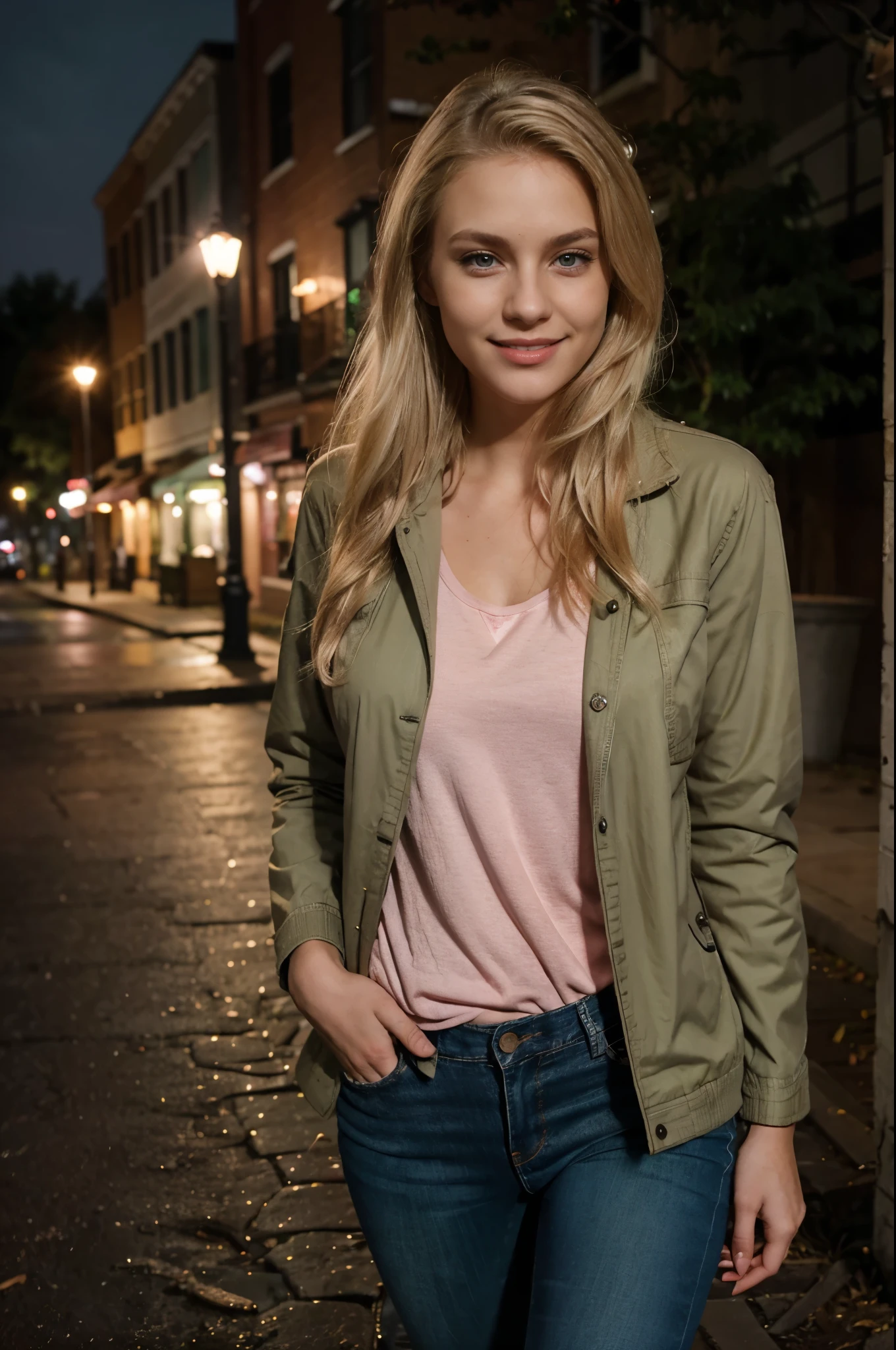 night shot of 23 year old female reporter with dirty MEDIUM blonde hair, wearing Jeans and a casual jacket, pink lips, walking and smiling outside, dirty medium blonde hair, green eyes, realistic photography
