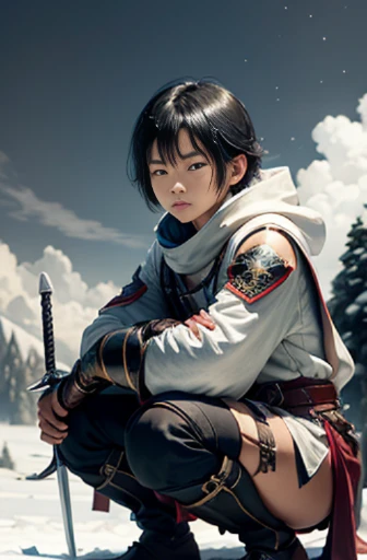 Snow on the moon，new products， arms， sword， bridle， 未来的arms， 32k, Linen cloak, quality, masterpiece:Faust，,1 child， Short hair detailist， squat， （masterpiece，HD，超HD，16k）,握着sword， buliding， Reflector， Eastern Asia， arms焦点， sky sky， black hair color hair， knife， shorter pantumo，  mist， clothes are， bandage， sword鞘， leathers， solo