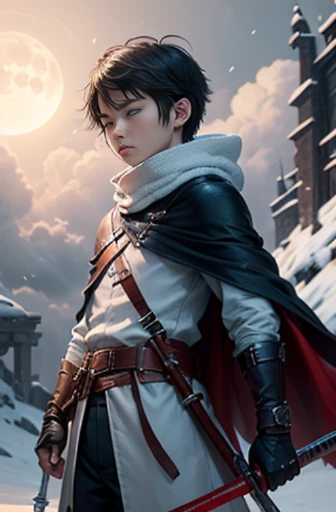 (moonlit snow, new product, weapons, sword, harness, future weapon, 32k, Linen cloak, top quality, masterpiece: Faust, 1 child, short hair details, misty, crouchinasterpiece, HD, ultra HD, 16k), holding a sword, building, reflection, East Asian, weapon focal point, sky, black hair, knife, Pan Tomo, mist, clothes are, bandage, scabbard, leather, solo)