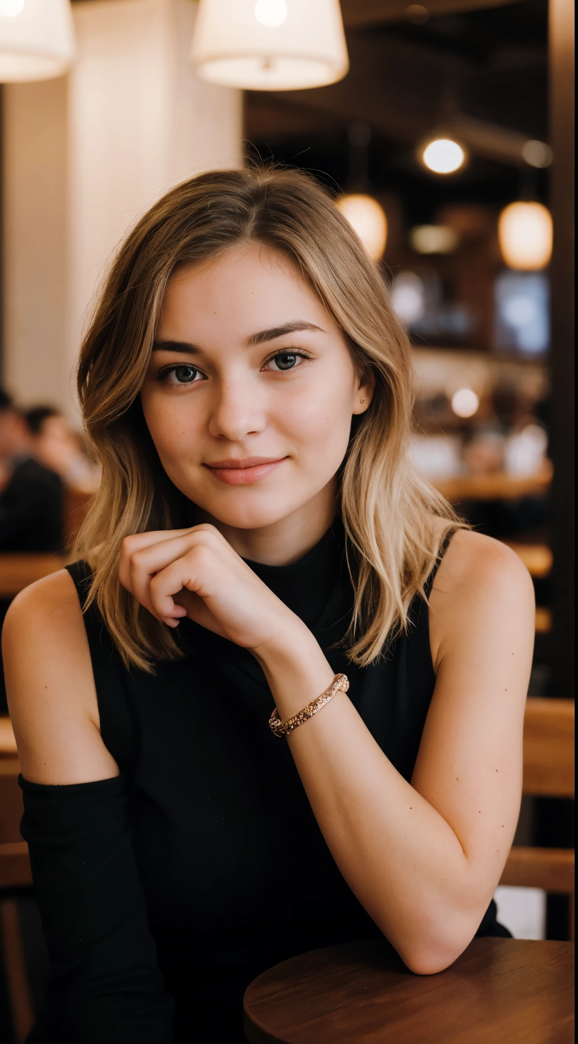 A cute blonde woman with dark theme, sitting in a restaurant, close-up, perfect anatomy