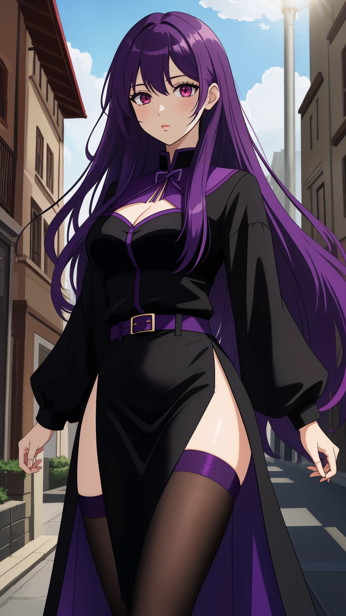 vibrant colors, female, masterpiece, sharp focus, best quality, depth of field, cinematic lighting, red eyes, purple hair, very long hair, outdoors, black legwear, clothes beasts, purple outfit, 