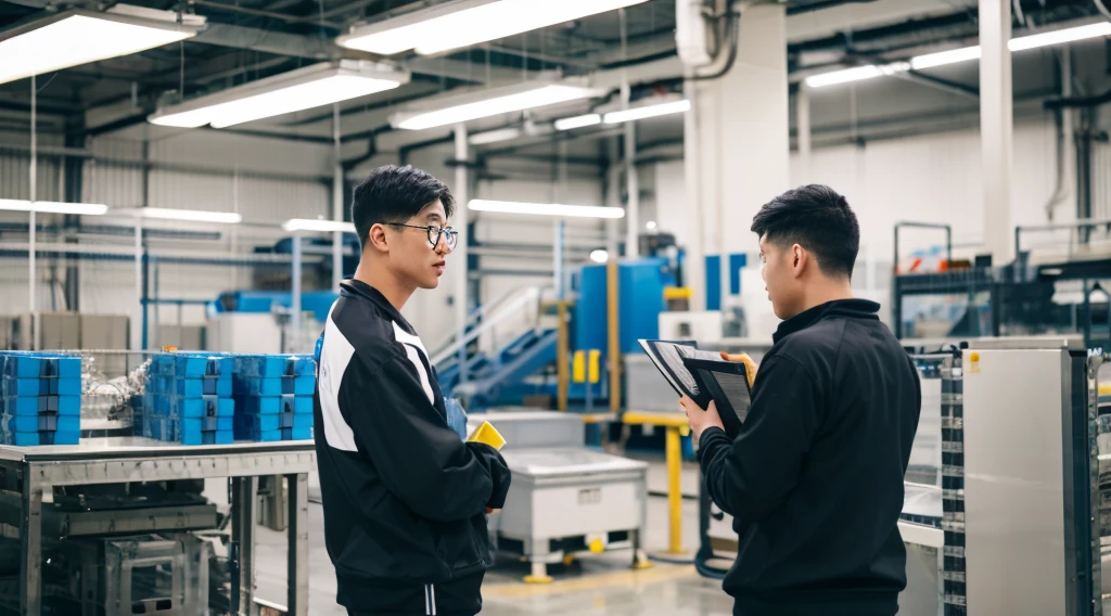 A leader addresing his team in a factory 