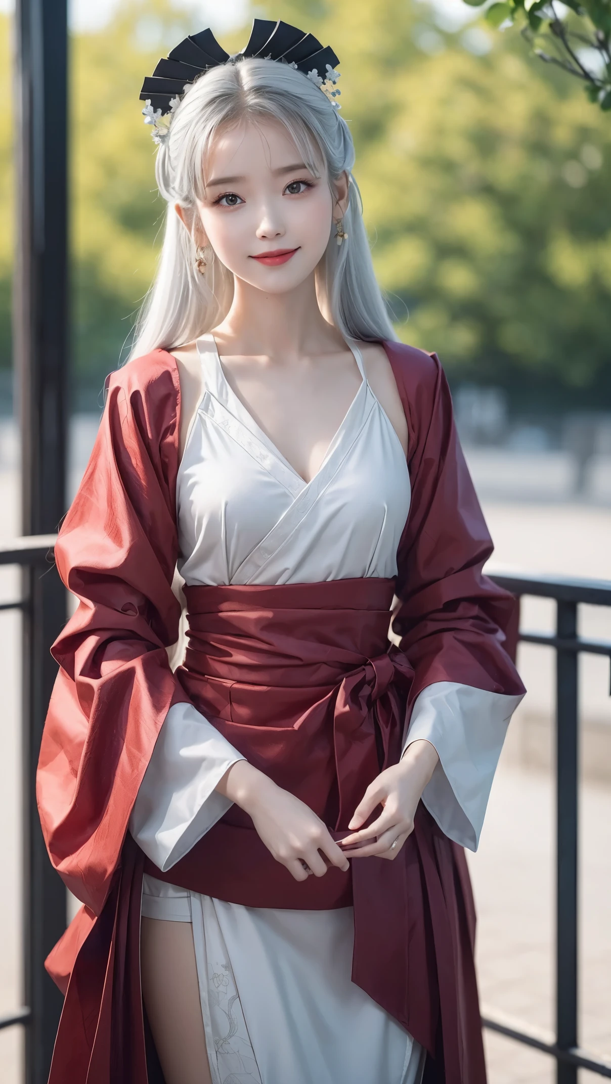 masterpiece, best quality, 1girl, solo, long hair, looking at viewer, smile, bangs, hair ornament, red eyes, long sleeves, dress, standing, collarbone, white hair, grey hair, sexy alternate costume, wide sleeves, tree, sexy micro chinese clothes, hairpin, hanfu, ningguang (genshin impact), Ningguang,  