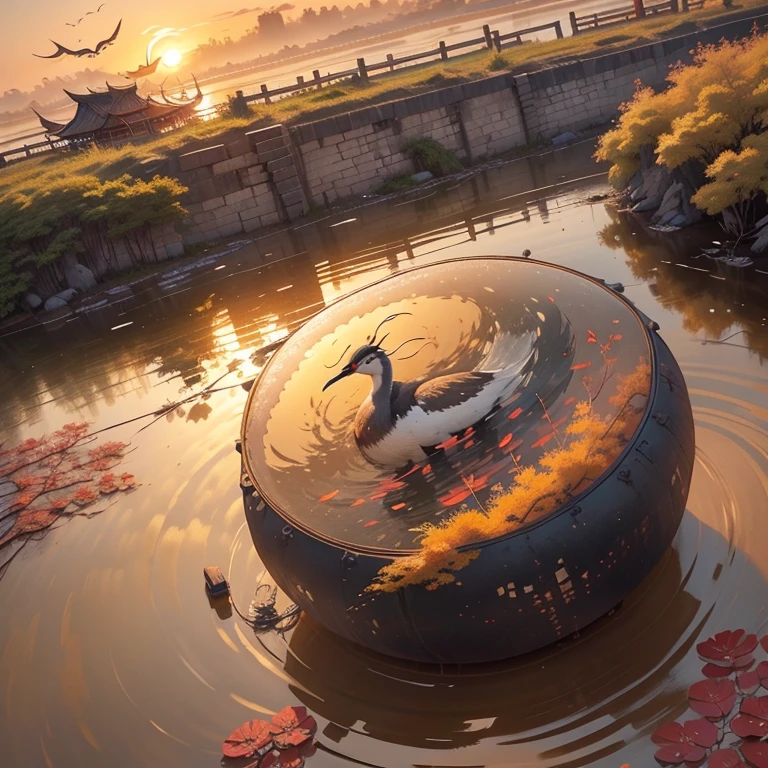 China ink painting，ink，The sunset and the solitary crane fly together，The autumn water is the same for a long time，The beauty of ancient poetry，the setting sun，Wild geese in the sky in the distance，Ancient buildings are scattered