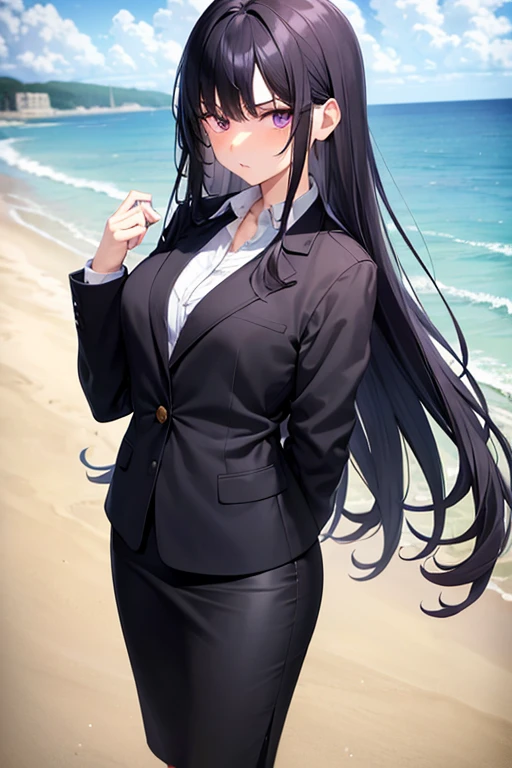 1girl, black hair, purple eyes, long hair, beach background, suit, office lady, black skirt, black blazer, pencil skirt, skirt suit, medium skirt, white shirt, collared shirt, long hair, teenager, looking at viewer, full body, high school girl, jk, 15 year old girl,