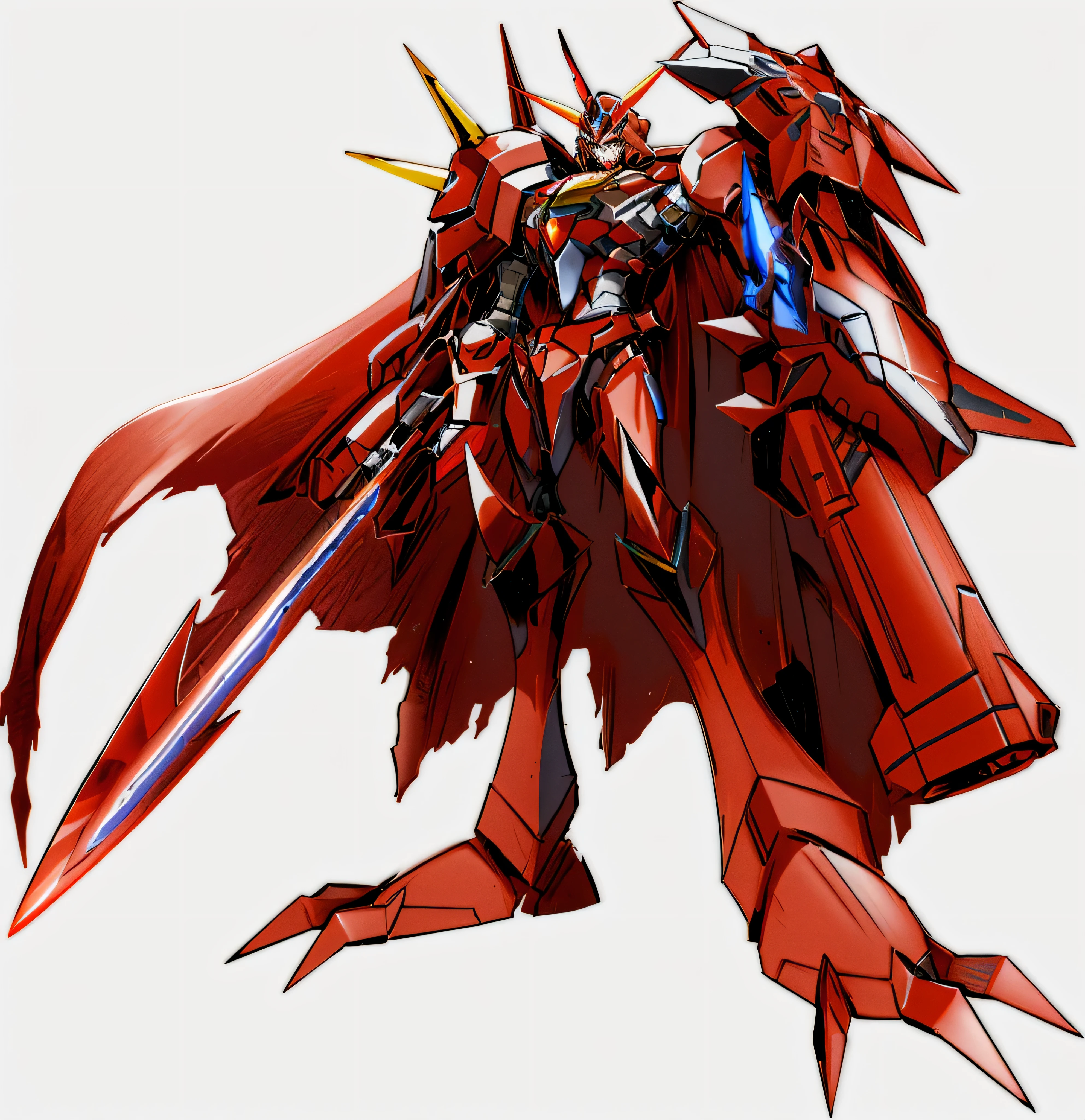 a close up of a robot with a sword and a red and black cape, concept art of omegamon, barbatos gundam, barbatos mobile suit, gurren lagan, modern mecha anime, an anime large mecha robot, super robot wars, gungnir, cool mecha style, ferra white mecha, symphogear