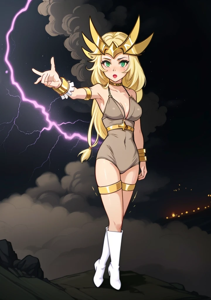 woman in a bikini and lightning, lightning in the background, she is floating, goddess, looking bored, behind her, the princess of power, tight beige bodysuit with yellow tight belt, naked legs, white flat boots, golden bracelet on biceps, golden bracelets on tights, extra long blonde hairs, green eyes, mature woman, red lips, golden mask on her forefront