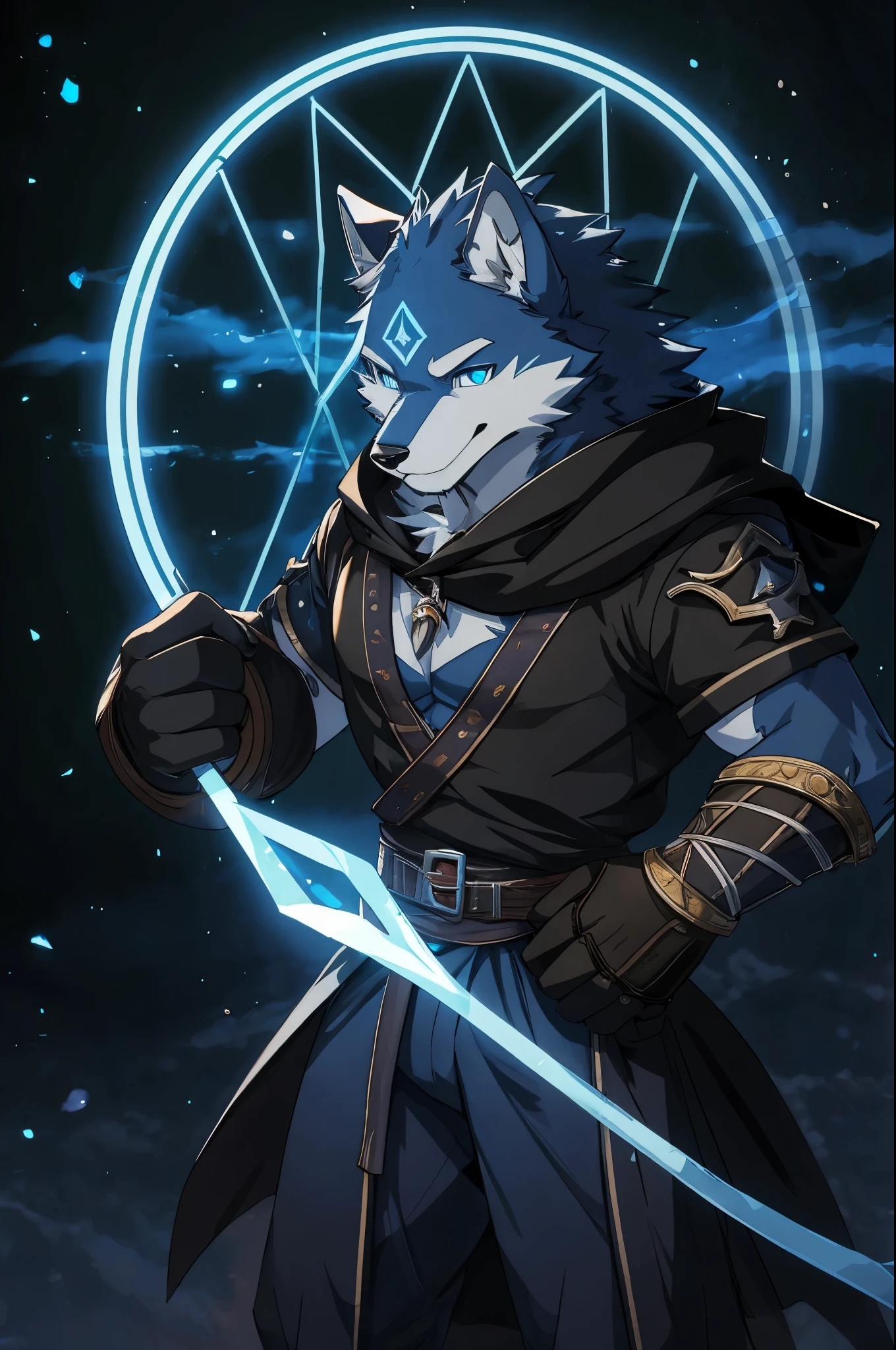 solo, 1 character, male, tall and slim body, adult, dark coat, dark cloack, light-blue furry wolf, light-blue fur, very-long hair, light-blue eyes, perfect quality, perfect face, perfect eyes, perfect anatomy, 2 legs, 2 arms, 5 fingers, ice magic, epic, perfect furry face, warrior, perfect hands, perfect legs, dark mage outfit, gloves, full clothed, 4K, epic pose, full HD, magic circle