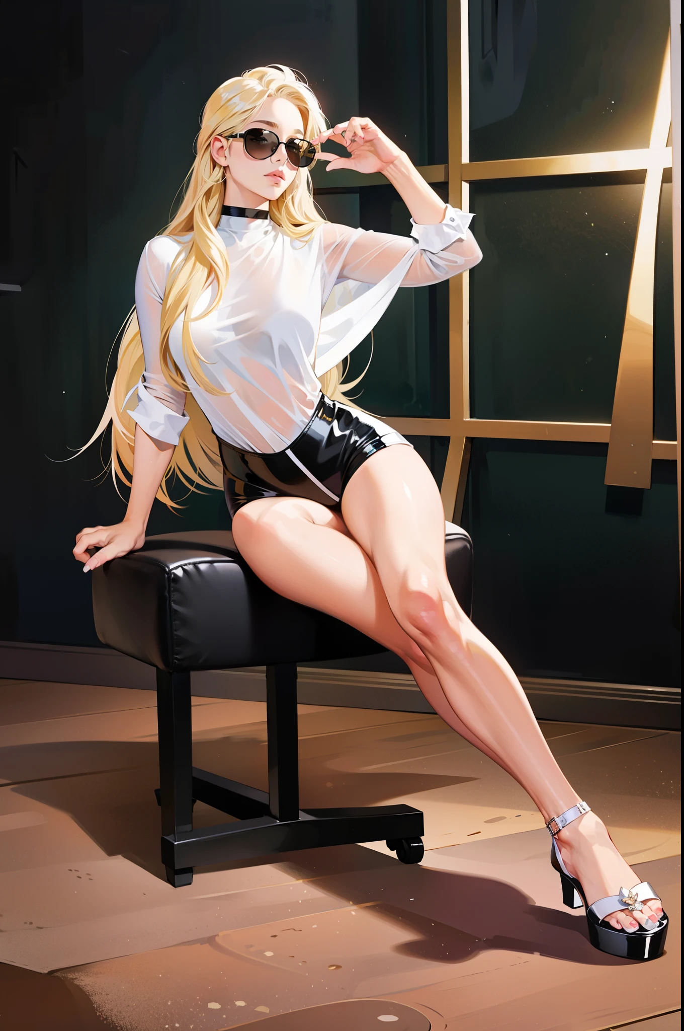 blond woman Sitting on a chair in a black and white outfit, sitting on a chair, casual pose, with long blonde hair, wearing a white shirt, full length photo shoot, sitting on an office chair, sexy look, in white clothes, glamorous pose, sitting in a chair, sexy pose, attractive pose, wearing black sunglasses, black short shorts, black choker around the neck, black shoes, sandals, pink manicure on fingers, sexbodysuit, sexswimsuit, body stockings,