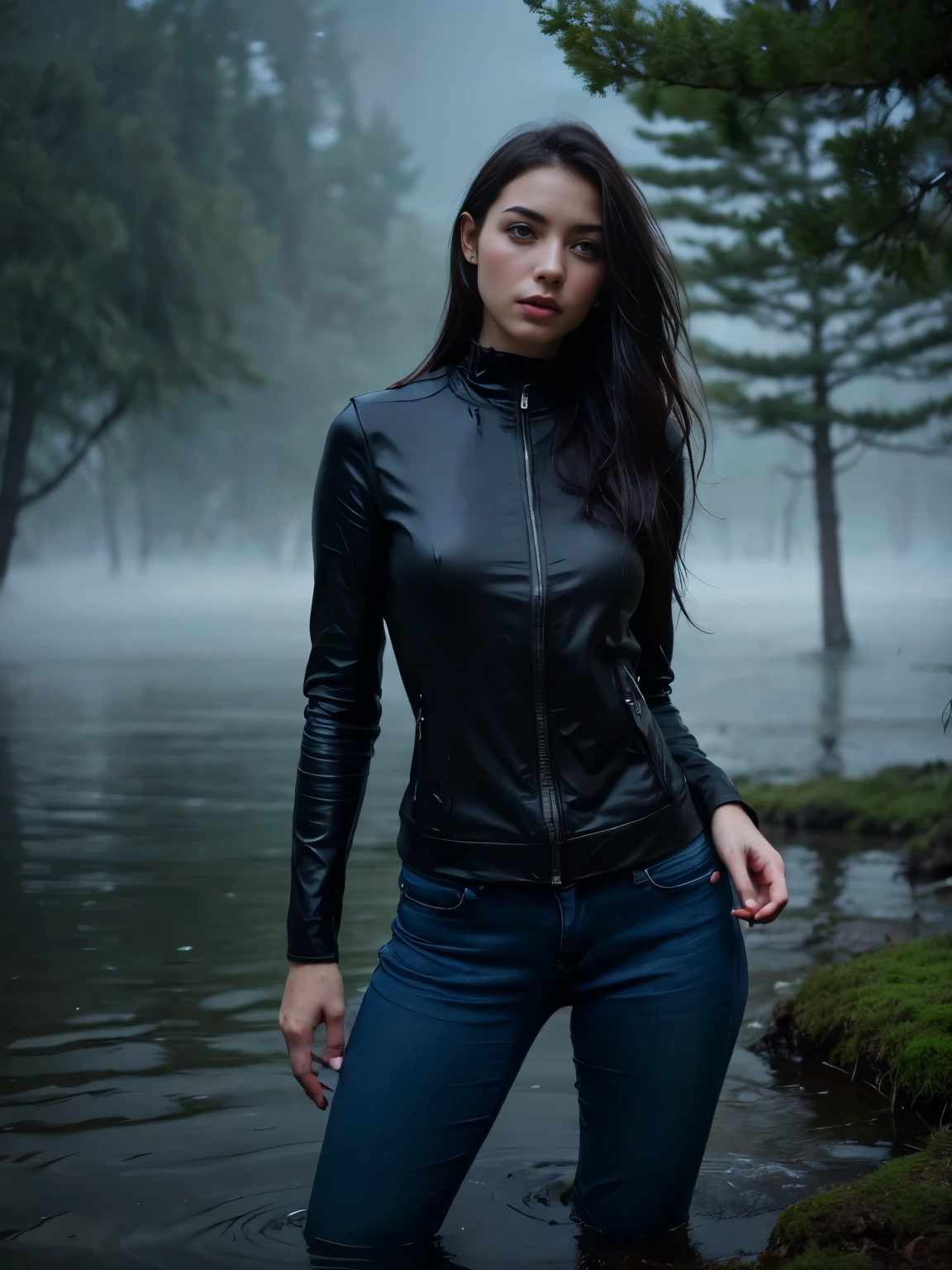 A hot girl, drown in a swamp in a chest,illustartion, (Best Quality,4k,8K,hight resolution,Masterpiece:1.2),Ultra-detailed,(Realistic,photoRealistic,photo-Realistic:1.37),Horror,dark and gloomy atmosphere with dramatic lighting, Vivid colors, Foggy surroundings, the trees, covered with moss, detailed facial expression, long wavy hair floats in the water, Reflections on the surface of the water, Eerie fog. Jeans
