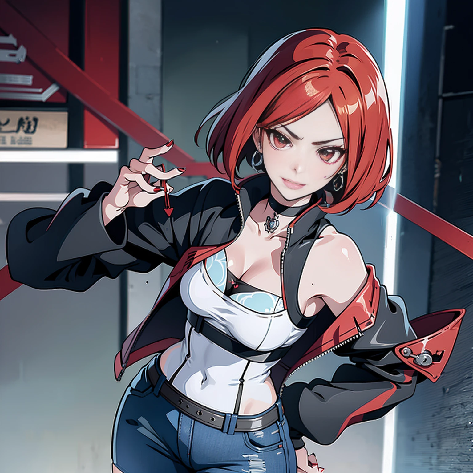 in the art style of persona5 and in the art style of street of rage 4, delinquent, (sukeban), mature_female, blush, mature, older woman, 25 years old, Sukeban teacher outfit, (1girl, solo female, solo, solo focus)++++, choker, sukeban teacher, sukeban fighter, long_sleeves, open jacket, blue jacket,( jean)+++, light skin tone female, (full body)+++++, jacket, biker jacket, tape, arm_support, gloves, red_gloves, bridal gauntlets, nail polish, boots, black_footwear, fighter outfit, (full body)+++++++, hourglass, mature face, cheeky smile, cheeky face, wrinkles, (red hair, short hair, bob cut, earrings, ear piercings), red eyeighting art, Martial arts, standing, fighting_stance, fight, fighting), extra colors, 2D, megapixel, perfectionism, accent lighting, full HD , (Masterpiece:1.2), (full-body-shot:1),(cowboy shot:1.2), (Highly detailed:1.2),(anime Detailed Face:1.2), Colorful, A detailed eye, (Detailed landscape:1.2), (natural lighting:1.2), ((sukeban school teacher)) by Vincent Di Fate: Aidyllery, Anamorphic Shot, rule of thirds, face by Artgerm and WLOP,