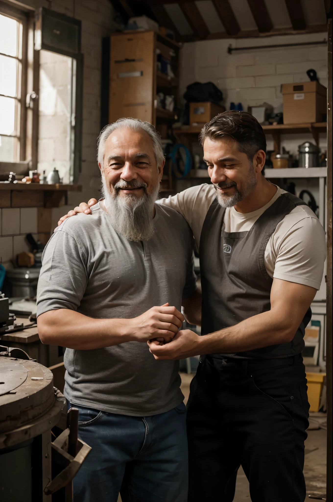 A handsome 27-year-old, beautiful, white, with short black hair, attractive, shirtless, making pottery with a grandfather in a pottery workshop.