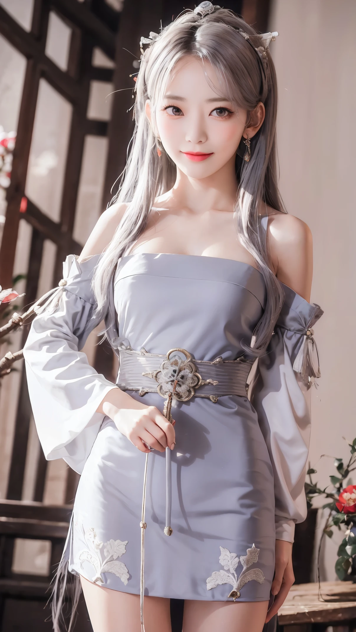 masterpiece, best quality, 1girl, solo, long hair, looking at viewer, smile, bangs, hair ornament, red eyes, long sleeves, sexy dress, standing, collarbone, white hair, grey hair, sexy alternate costume, wide sleeves, tree, sexy micro chinese clothes, hairpin, hanfu, ningguang (genshin impact), Ningguang,  