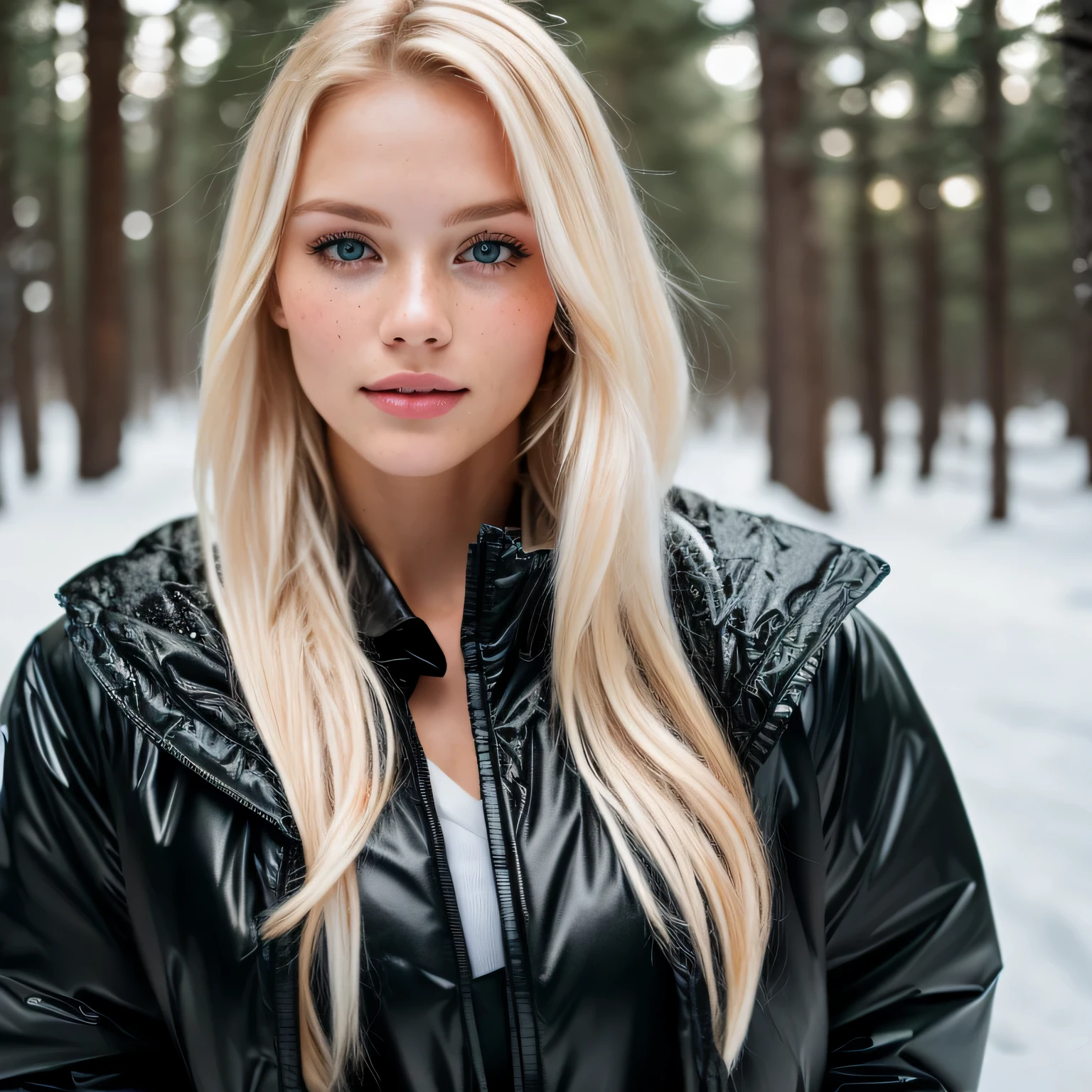 RAW UHD photo from a distant of a 24-year-old blonde in the forrest, large breasts, winter, snowy weather (black shiny winter jacket), details (textures! , hair! , glitter, color!! , disadvantages: 1.1), glossy eyes with high detail, SLR lighting, SLR camera, ultra-quality, sharpness, depth of field, film grain (center), Fujifilm XT3, crystal clear, frame center, beautiful face, sharp focus, bokeh (dimly lit), detailed skin pores, oily skin, sunburn, complex eye details, full body
