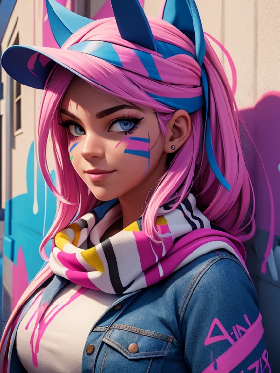 ((best quality)), (high detail), (Paint streaks), (1girl), beautiful graffiti artist, half scarf mask, (vivid color), tagging a wall, "AIBABE", (unreal), HDR, 4k, 3D