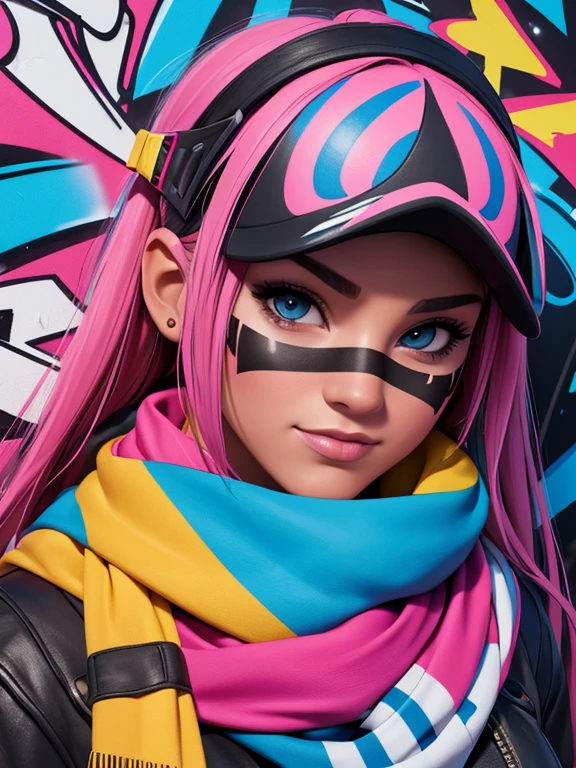 ((best quality)), (high detail), (Paint streaks), (1girl), beautiful graffiti artist, half scarf mask, (vivid color), tagging a wall, "AIBABE", (unreal), HDR, 4k, 3D