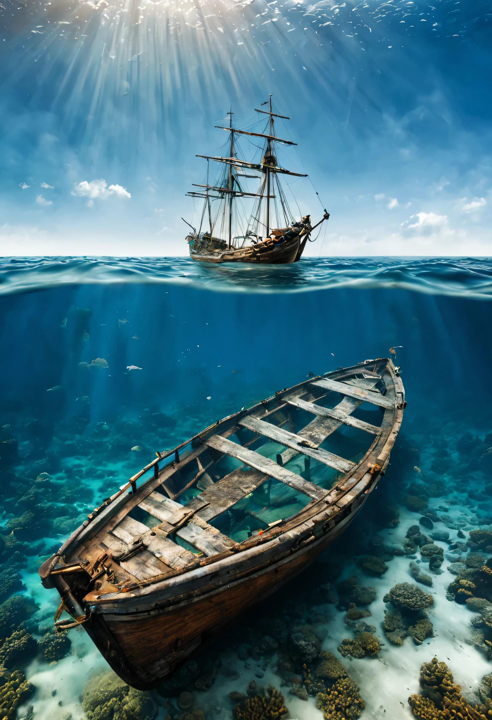 at the top of the image an old boat sails on the sea, at the bottom of the image you can see underwater life, highly details