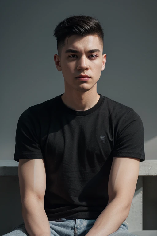 Create a 3D illustration of an animated man character sitting casually on top of an "Instagram" social media logo. The character must wear a black t-shirt, very short black hair shaved on the sides and the top thrown to the right, dark skin, slightly slanted eyes, Chinese-like, fit body, holding an iPhone. The background of the image is a social media profile page with the username "KIKO MARTINS" and a corresponding profile photo
