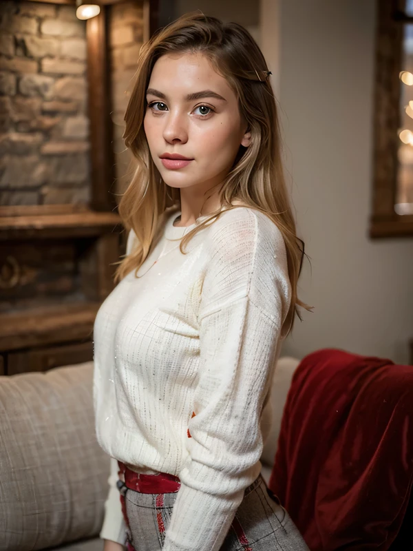 (realistic,photorealistic:1.37),extremely realistic Russian girl with blonde hair and blue eyes,beautiful detailed lips and eyes, detailed and ,imperfect skin,textured skin,upper body,beautiful detailed blonde hair, wearing a cozy red jumper and red trousers, festive holiday attire,no hands, pic from side, full body