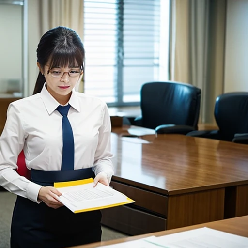 A secretary arranging files while her team watches 
