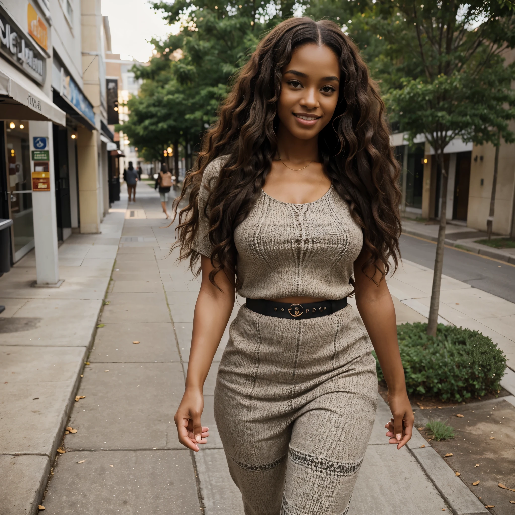 black American beautiful model, wearing trendy outfit, natural pose, walking and listening to music outside, long curly brown hairs, hazel eyes, happy face, realistic photography, natural pose, realistic texture