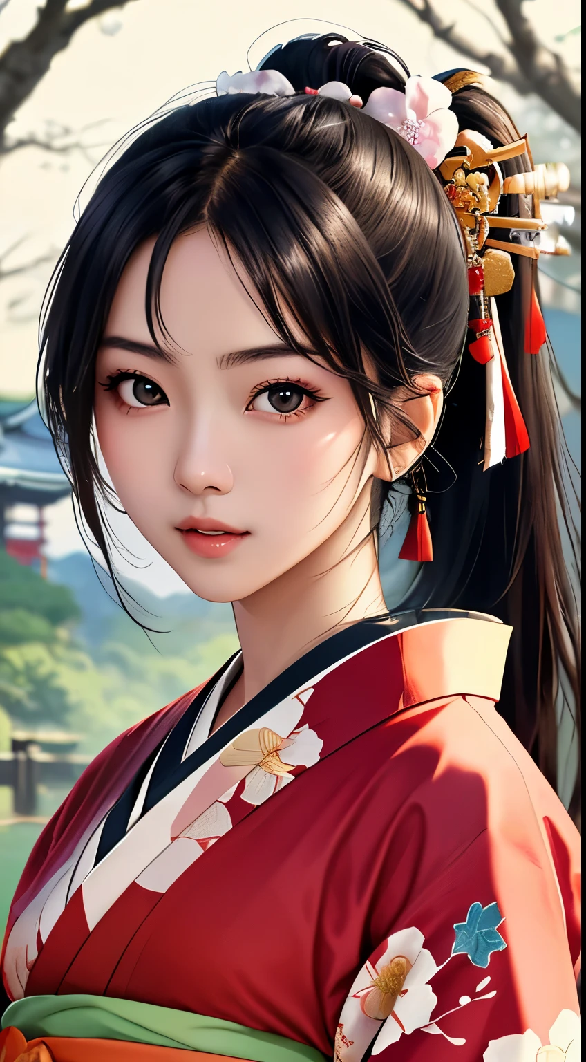 NSFW、最high quality、high quality、best image quality、8K、最High resolution、High resolution、最high quality、masterpiece、Extreme close-up portrait、Raw photo、realistic atmosphere、(detailed face)、(fine hands、thumb１reference４)、(beauty of japan )、very nice face、cute face、((beautiful japanese girl))、(japanese woman), ((18 year old beautiful girl))、(glossy black hair)、(straight long hair)、(ponytail)、whole body、slim style、(shiny skin)、(Fair skin, Glossy skin)、real human skin、realistic human body structure、perfect body， perfect face， perfect hands， perfect fingers， perfect lips， perfect eyes，perfect teeth、perfect background， perfect atmosphere， natural soft light、photon mapping、japanese samurai、japanese samurai、Japanese swordsman、((Japanese swordを手に持つ日本の女武士))、(Girl wearing Japanese samurai costume)、warrior girl、Japanese sword、japanese traditional、((Japanese sword(gently curved long sword))、((floral kimono(Sheer、sexy、transparent、erotic))、((鋭いJapanese swordを手に持つ女の子))、In front of a samurai residence in Japan、((random color floral pattern(samurai kimono、Hakama with slit))、A dynamic stance that reflects the swordsmanship cultivated as a samurai.、sword-drawing posture、Iainuki stance、