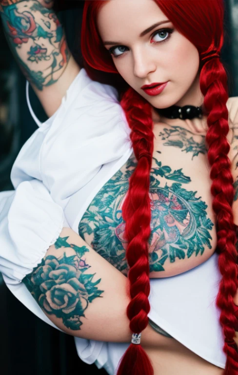 A red-haired steampunk android girl, (white top: 1.2), big boobs, schwarzes und blaues Leder, tattoo, Hyperdetailliert, ultrascharf, long red hair in pigtails, 8 Tausend, (Wahnsinnig detailliert:1.5), Full body shot, 20 Megapixel, Canon EOS R3, Detaillierte Haut, blasse Haut