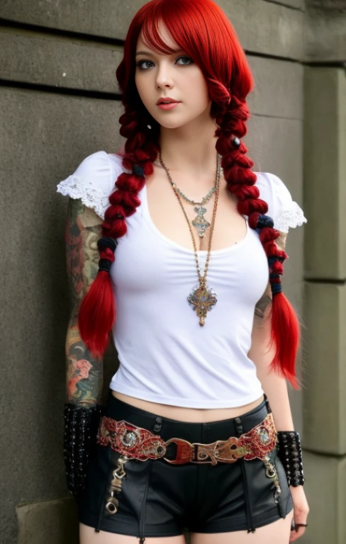 A red-haired steampunk android girl, (white top: 1.2), big boobs, schwarzes und blaues Leder, tattoo, Hyperdetailliert, ultrascharf, long red hair in pigtails, 8 Tausend, (Wahnsinnig detailliert:1.5), Full body shot, 20 Megapixel, Canon EOS R3, Detaillierte Haut, blasse Haut