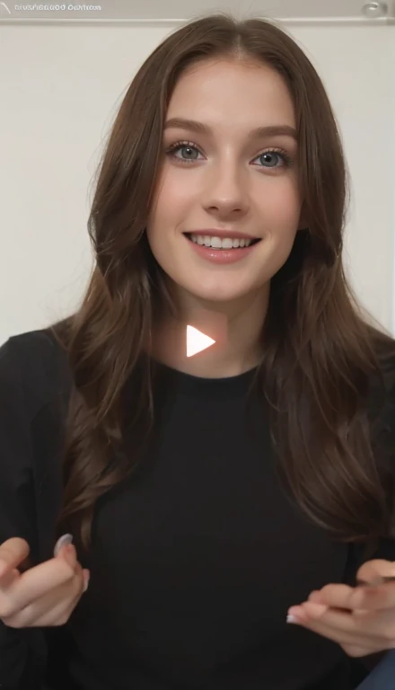 ultra realistic, Professional model, 5'8" tall, pale skin, slender, straightened brown hair, blue eyes, young girl, beautiful girl, college girl, sitting in her professional studio, recording a youtube video, talking into a microphone, looking at video camera, modest clothing, skirt, long sleeves, stylish outfit, smiling, gorgeous smile, sharp features