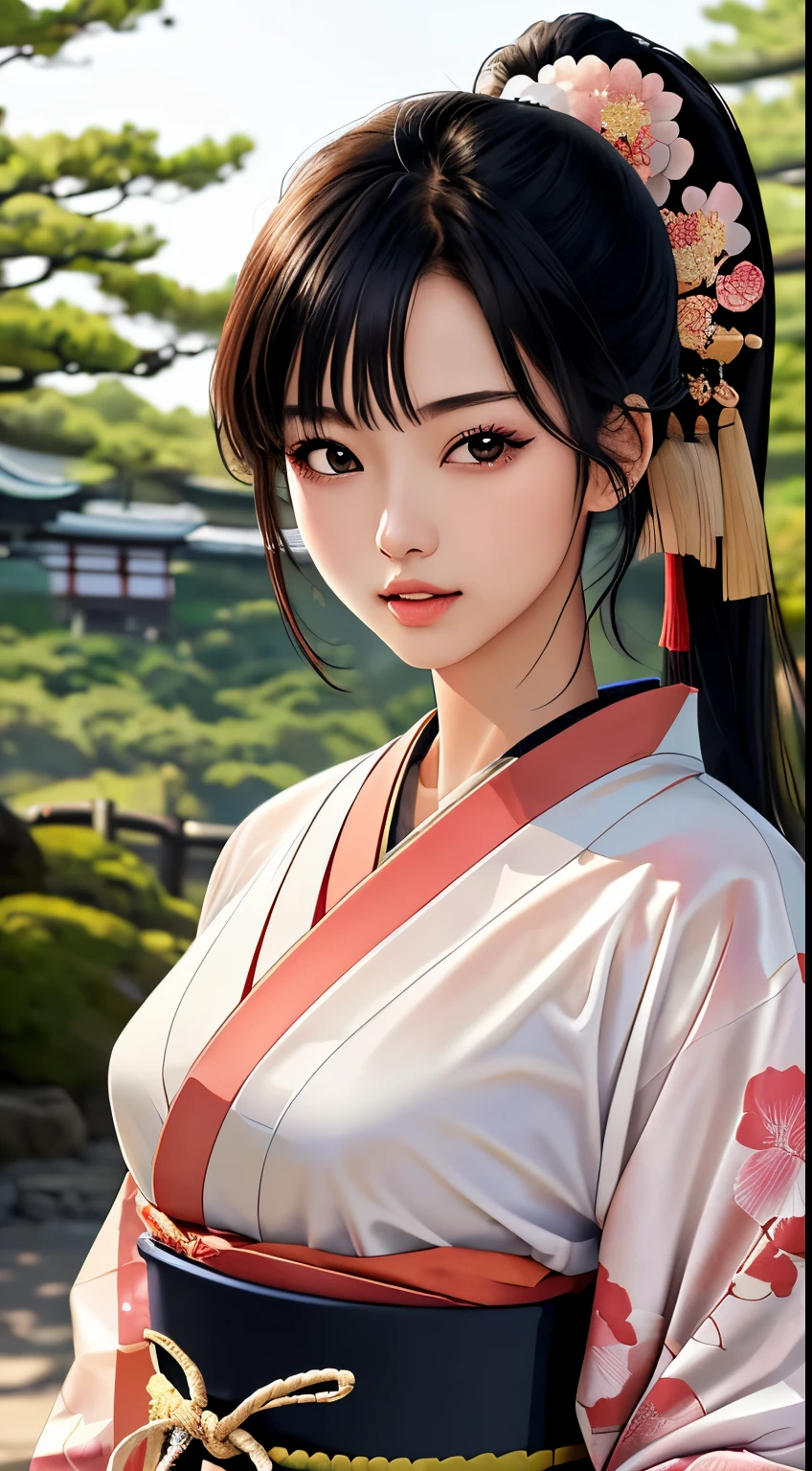 NSFW、最high quality、high quality、best image quality、8K、最High resolution、High resolution、最high quality、masterpiece、Extreme close-up portrait、Raw photo、realistic atmosphere、(detailed face)、(fine hands、thumb１reference４)、(beauty of japan )、very nice face、cute face、((beautiful japanese girl))、(japanese woman), ((18 year old beautiful girl))、(glossy black hair)、(straight long hair)、(ponytail)、whole body、slim style、(shiny skin)、(Fair skin, Glossy skin)、real human skin、realistic human body structure、perfect body， perfect face， perfect hands， perfect fingers， perfect lips， perfect eyes，perfect teeth、perfect background， perfect atmosphere， natural soft light、photon mapping、japanese samurai、japanese samurai、Japanese swordsman、((Japanese swordを手に持つ日本の女武士))、(Girl wearing Japanese samurai costume)、warrior girl、Japanese sword、japanese traditional、((Japanese sword(gently curved long sword))、((floral kimono(Sheer、sexy、transparent、erotic))、((鋭いJapanese swordを手に持つ女の子))、In front of a samurai residence in Japan、((random color floral pattern(samurai kimono、Hakama with slit))、A dynamic stance that reflects the swordsmanship cultivated as a samurai.、sword-drawing posture、Iainuki stance、