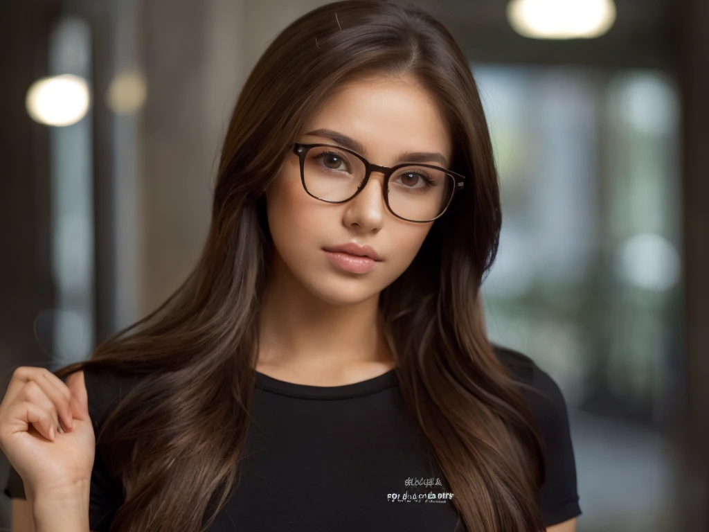 Medium photo of a beautiful Latina woman, 22 years old, skin (pale: 1.5), light brown eyes, with glasses brunette (straight: 1.5) long hair, athlete's body, no makeup, in short clothes, seductive, full body, closer to realism